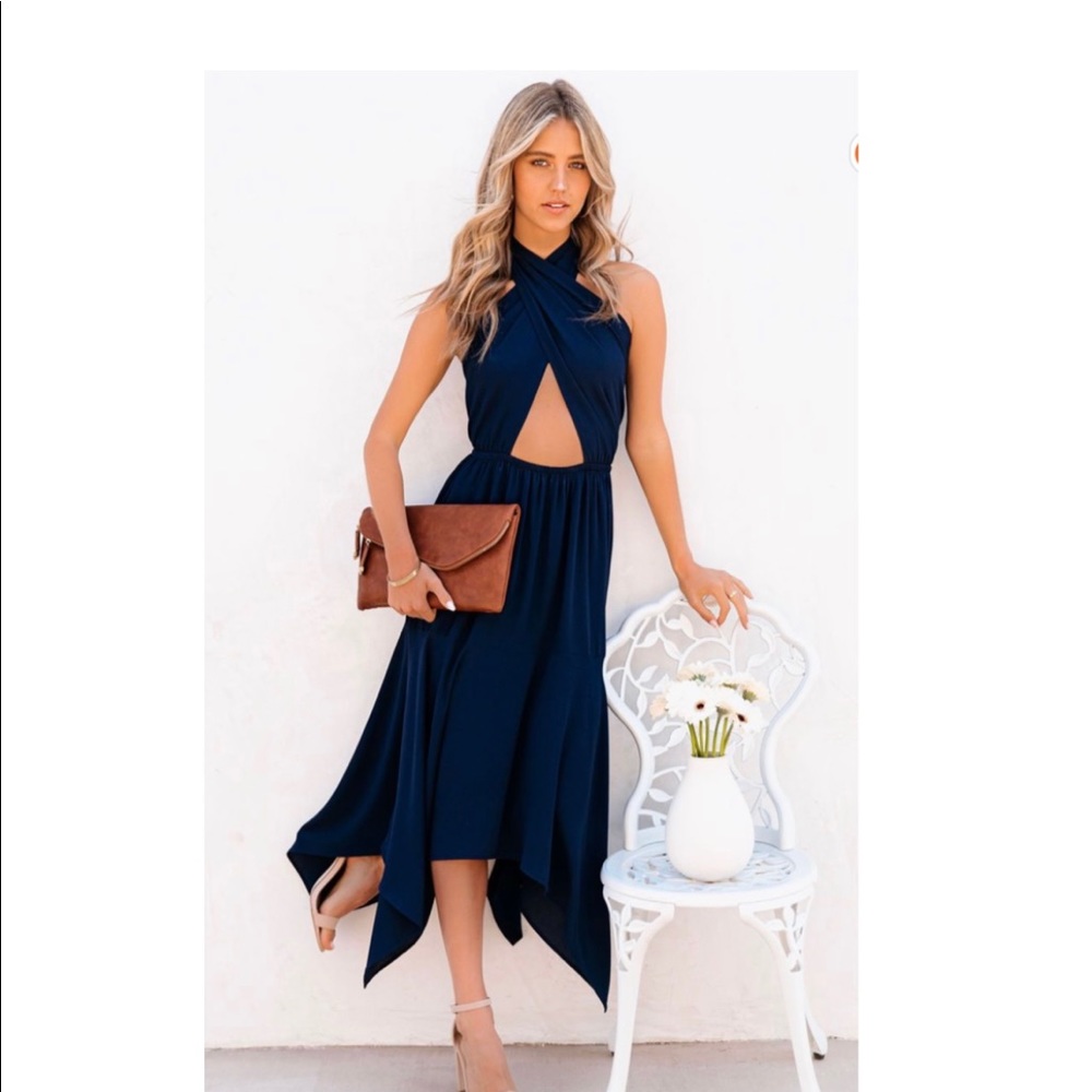 MARISOL HALTER CUTOUT MIDI DRESS - NAVY-